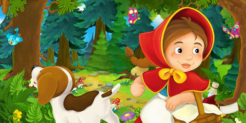 Obraz na płótnie Canvas cartoon scene with young girl and happy dog in the forest going somewhere - illustration for children