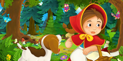 cartoon scene with young girl and happy dog in the forest going somewhere - illustration for children