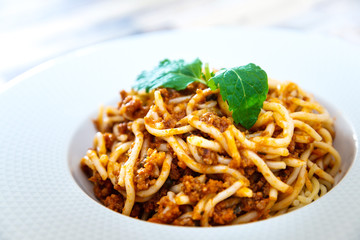 tasty pasta Italian meat sauce pasta on the table