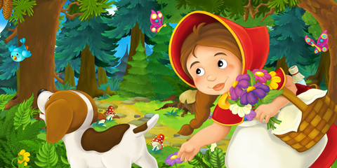 cartoon scene with young girl and happy dog in the forest going somewhere - illustration for children