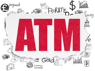 Money concept: Painted red text ATM on Torn Paper background with  Hand Drawn Finance Icons