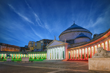 Nihgt view of San Francesco di Paola church at Piazza del Plebiscito in Naples, Italy