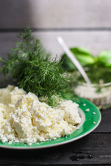 cottage cheese with sour cream and herbs (salted cheese cheese) useful cuisine.  Food background