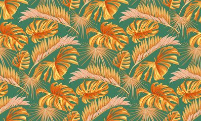 Vector tropical leaves summer seamless pattern