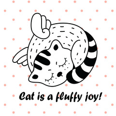 Vector illustration with winged cat. Print. Picture for postcard, t-shirt, poster