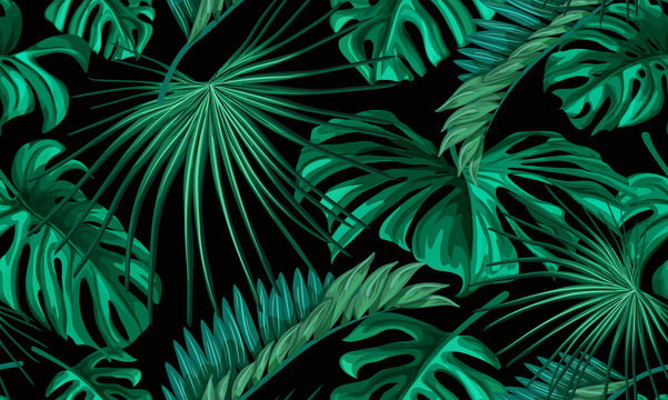 Vector tropical leaves summer seamless pattern