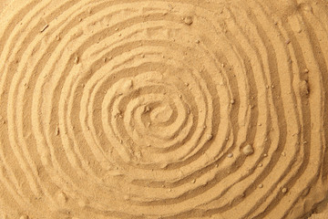 Fototapeta na wymiar Spiral drawing on beach sand background. Spiral pattern on golden sand. Sand texture.