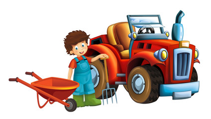 cartoon scene young boy near wheelbarrow and tractor - car for different tasks - farming tools illustration for children