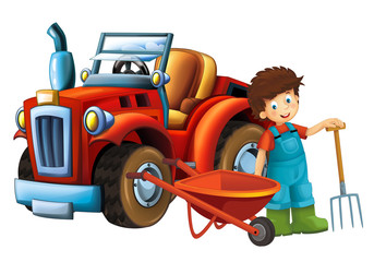 cartoon scene young boy near wheelbarrow and tractor - car for different tasks - farming tools illustration for children