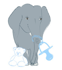 Hand drawn vector illustration with a cute baby elephant celebrating new birth - isolated on white background
