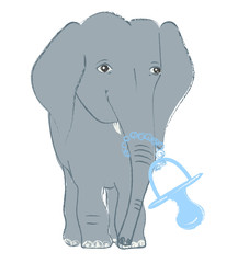 Hand drawn vector illustration with a cute baby elephant celebrating new birth - isolated on white background