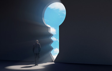 Businessman walking in dark room through key shaped door revealing blue sky for new opportunities, 3D rendering © G3D Studio