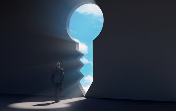 Businessman walking in dark room through key shaped door revealing blue sky for new opportunities, 3D rendering