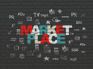 Marketing concept: Painted multicolor text Marketplace on Black Brick wall background with  Hand Drawn Marketing Icons