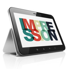 Marketing concept: Tablet Computer with Painted multicolor text Impression on display, 3D rendering