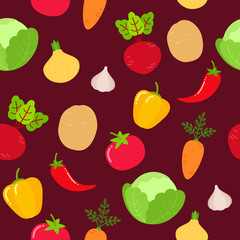 Seamless vegetables pattern on burgundy background