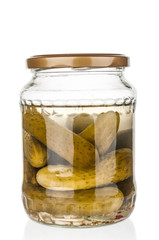 Glass jar with pickled cucumbers isolated on white background