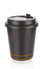 Disposable black coffee cup close up on white background