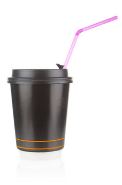 Disposable coffee cup with straw isolated on white background