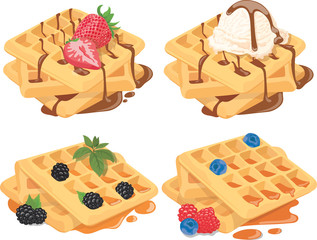 Collection of Belgian waffles with fruit fillings. A set of sweet pastries with cream and fruits. Menu of sweets for fast food. Illustration for children. - obrazy, fototapety, plakaty