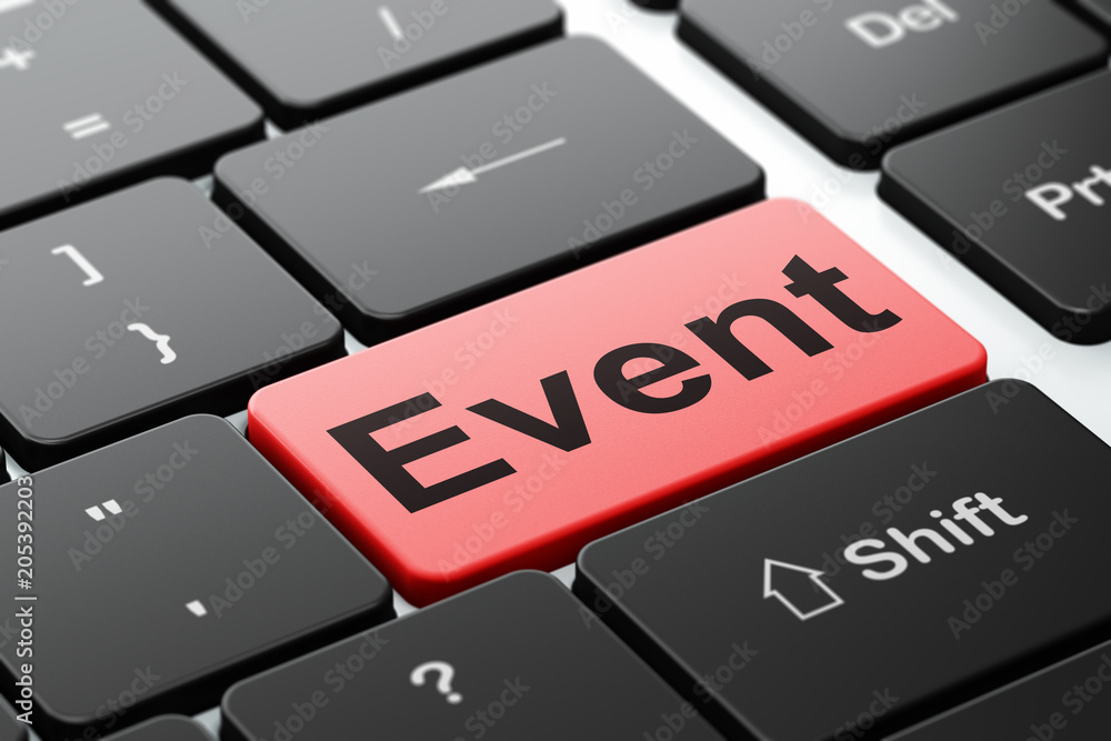 Aufkleber entertainment, concept: computer keyboard with word event, selected focus on enter button background