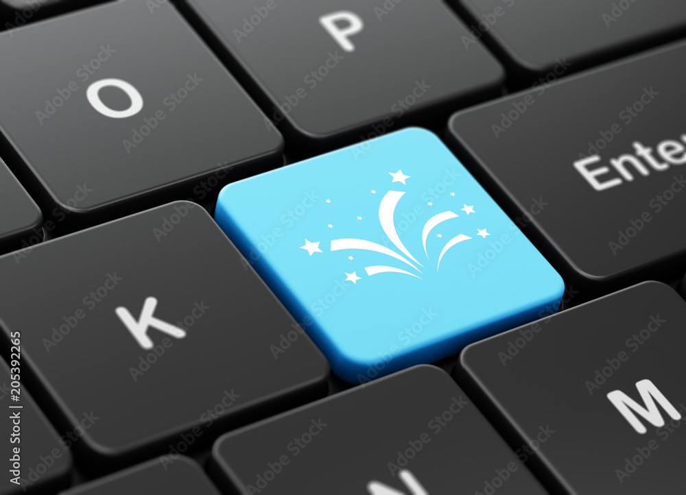 Aufkleber entertainment, concept: computer keyboard with fireworks icon on enter button background, 3d renderi