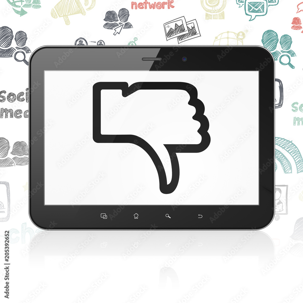 Poster social network concept: tablet computer with black thumb down icon on display, hand drawn social net