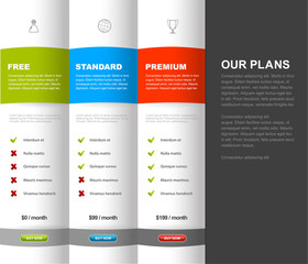Website product pricing comparison table template with 3 options.