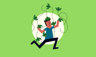 Vector Illustration of a Man attacked buy a bunch of Dollar coin. Coins/Money flying around a man.