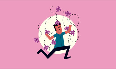 Vector Illustration of a Man attacked buy a bunch of Indian rupee coin. Coins/Money flying around a man.
