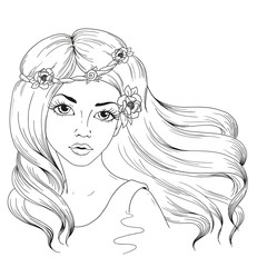 Beautiful girl with long hair. Woman with flowers in hairstyle. Vector character hand drawing on white background.