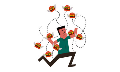 Vector Illustration of a Man attacked buy a bunch of flying burgers. Burger flying around a man.