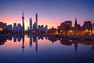 Fototapete panoramic view of shanghai Lujiazui skyline during sunrise ,business district of an attractive city in China , Asia © pascalkphoto