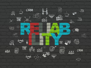 Business concept: Painted multicolor text Reliability on Black Brick wall background with  Hand Drawn Business Icons