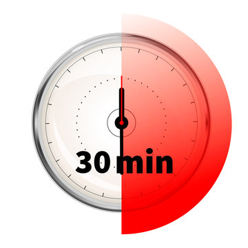 Realistic Clock Face With Thirty Minutes Timer On White