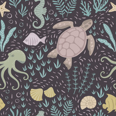 Seamless pattern of underwater life. Vector illustration.