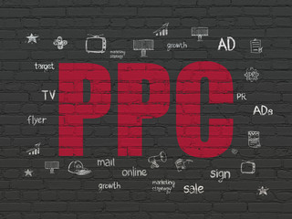 Marketing concept: Painted red text PPC on Black Brick wall background with  Hand Drawn Marketing Icons