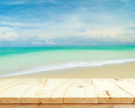 wooden floor and sea landscape background. relaxation or vacation concept