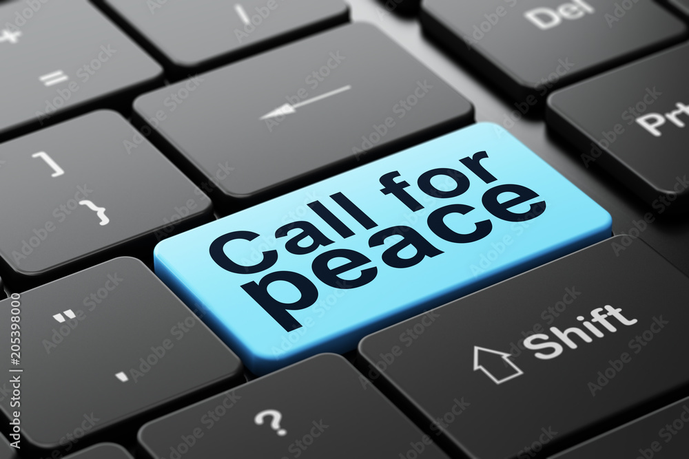 Aufkleber political concept: computer keyboard with word call for peace, selected focus on enter button backgr