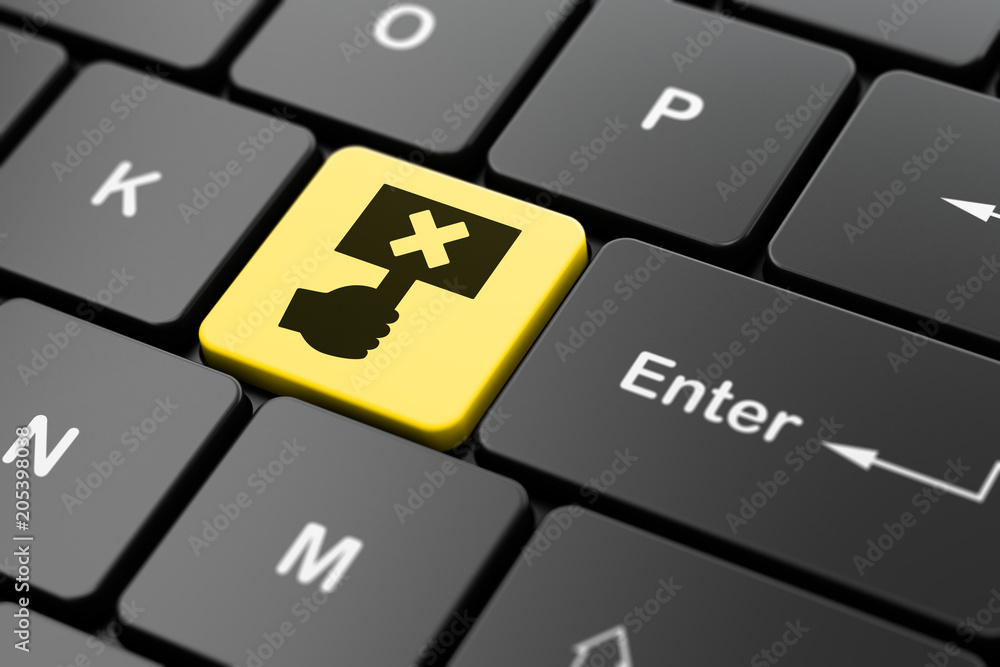 Aufkleber political concept: computer keyboard with protest icon on enter button background, 3d rendering