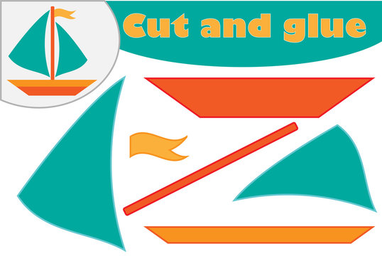 Ship in cartoon style, education game for the development of preschool children, use scissors and glue to create the applique, cut parts of the image and glue on the paper, vector illustration
