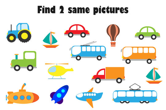 Find two identical pictures, fun education game with transport in cartoon style for children, preschool worksheet activity for kids, task for the development of logical thinking, vector illustration