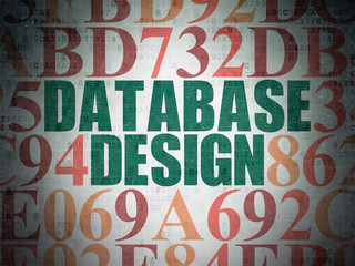 Programming concept: Painted green text Database Design on Digital Data Paper background with Hexadecimal Code