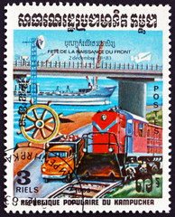 Postage stamp Cambodia 1983 Bridge, Ship and Train