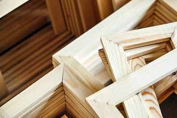 Wooden stretcher bar frames. Subframes for gallery wrapped canvas. Selective focus