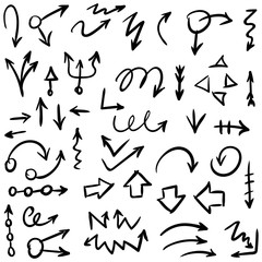 Arrow doodles vector. A set of simple sketches of arrows. Up, down, left, right ones. The effect of a pencil sketch isolated on white background. Vector eps 10.
