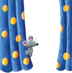 Cute mouse hiding behind the curtain