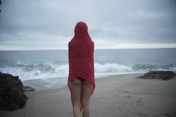 Rear view of woman wearing red scarf and looking at the ocean