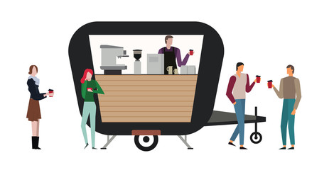 Man and Women are buy coffee or street food.Man and women buy a coffee.