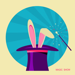 Magic hat and white rabbit .Vector label for design